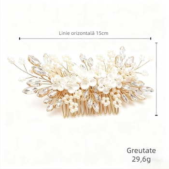 Set de accesorii pentru păr de mireasă – flori, din lut moale lucrat manual, cristale albe, accesorii pentru cap