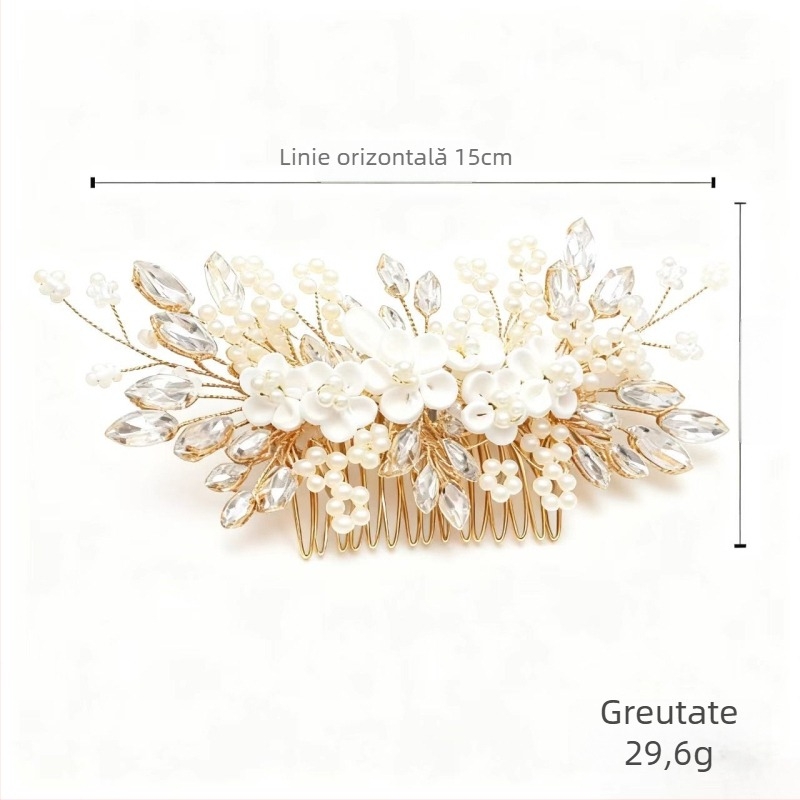 Set de accesorii pentru păr de mireasă – flori, din lut moale lucrat manual, cristale albe, accesorii pentru cap