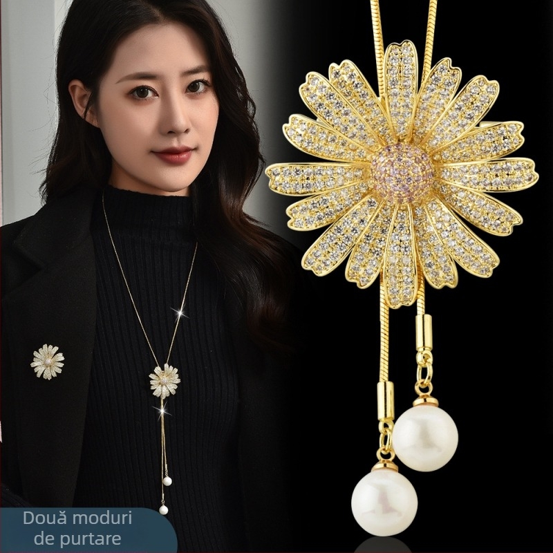 Lanț lung pentru pulover cu pandantiv floare, lanț metalic, pandant Palladium, pietre sintetice încrustate în aliaj