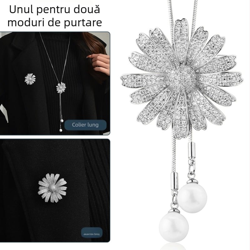 Lanț lung pentru pulover cu pandantiv floare, lanț metalic, pandant Palladium, pietre sintetice încrustate în aliaj