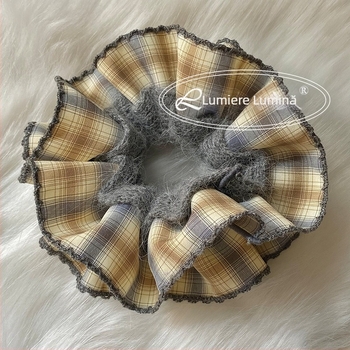 Elastic de păr cu două straturi, fir gradient și model în carouri, stil vintage, lucrat manual