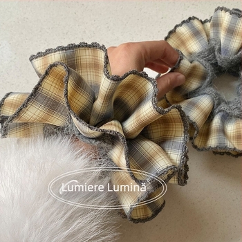 Elastic de păr cu două straturi, fir gradient și model în carouri, stil vintage, lucrat manual