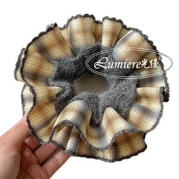 Elastic de păr cu două straturi, fir gradient și model în carouri, stil vintage, lucrat manual