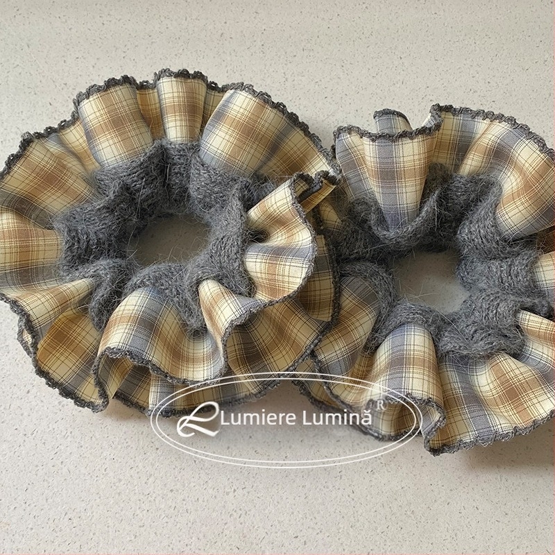 Elastic de păr cu două straturi, fir gradient și model în carouri, stil vintage, lucrat manual