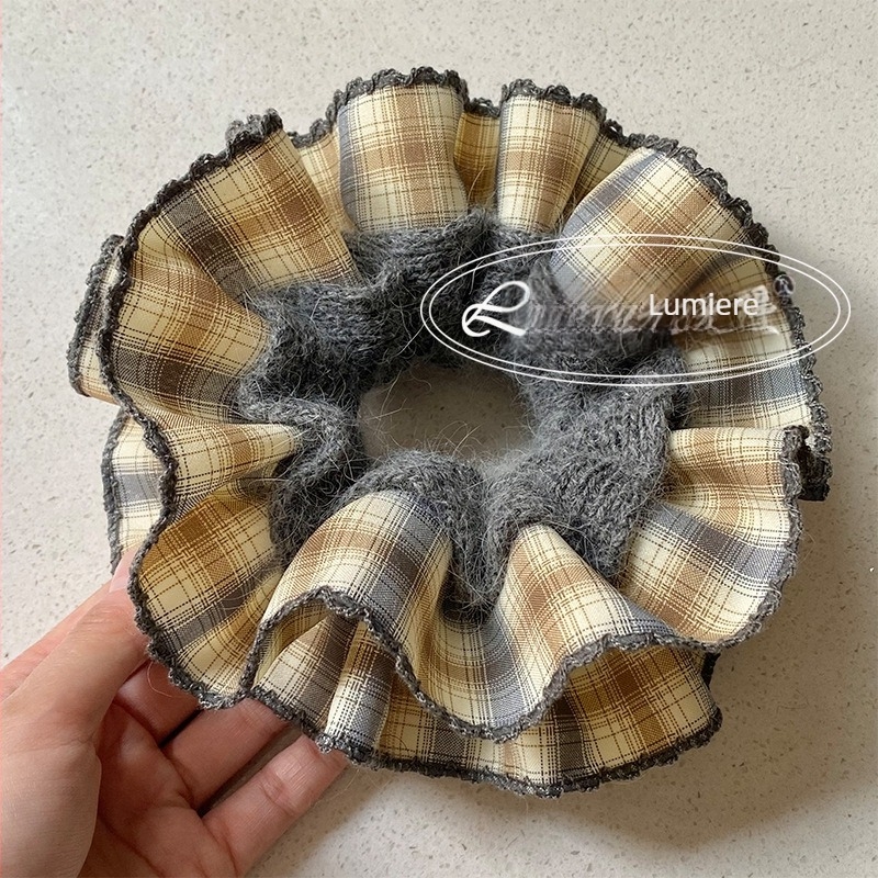 Elastic de păr cu două straturi, fir gradient și model în carouri, stil vintage, lucrat manual