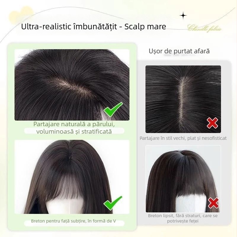 Topper de păr — păr lung drept, aspect natural pentru uz zilnic; material: fibre rezistente la temperaturi înalte; tehnologia de prelucrare: mecanism; nu poate fi vopsit