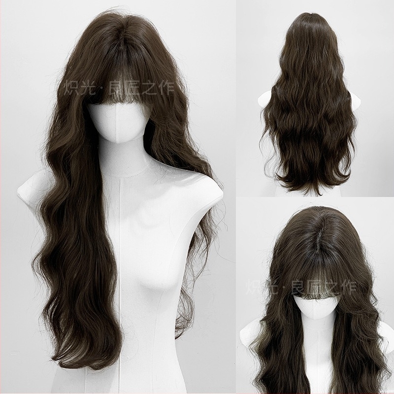 Perucă lungă bucle, breton drept, stil natural, model G12, material: fibre rezistente la temperatură