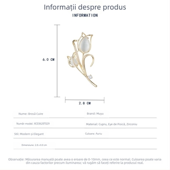 Broșă din cupru în formă de lalea pentru femei – broșă florală cu micro-incrustare, bijuterie decorativă