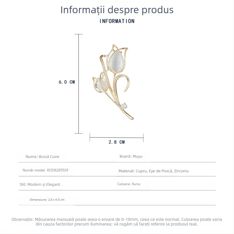 Broșă din cupru în formă de lalea pentru femei – broșă florală cu micro-incrustare, bijuterie decorativă