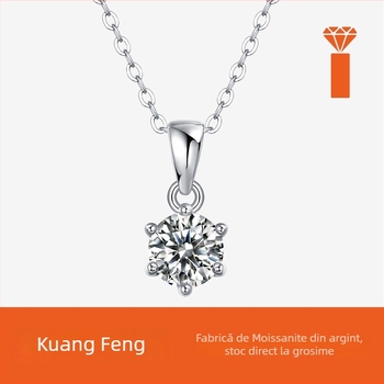 Colier Kuang Feng cu Moissanit — Design geometric, montură cu 6 gheare, Moissanite 5.0/6.5/8.0/9.0 mm, stil coreean