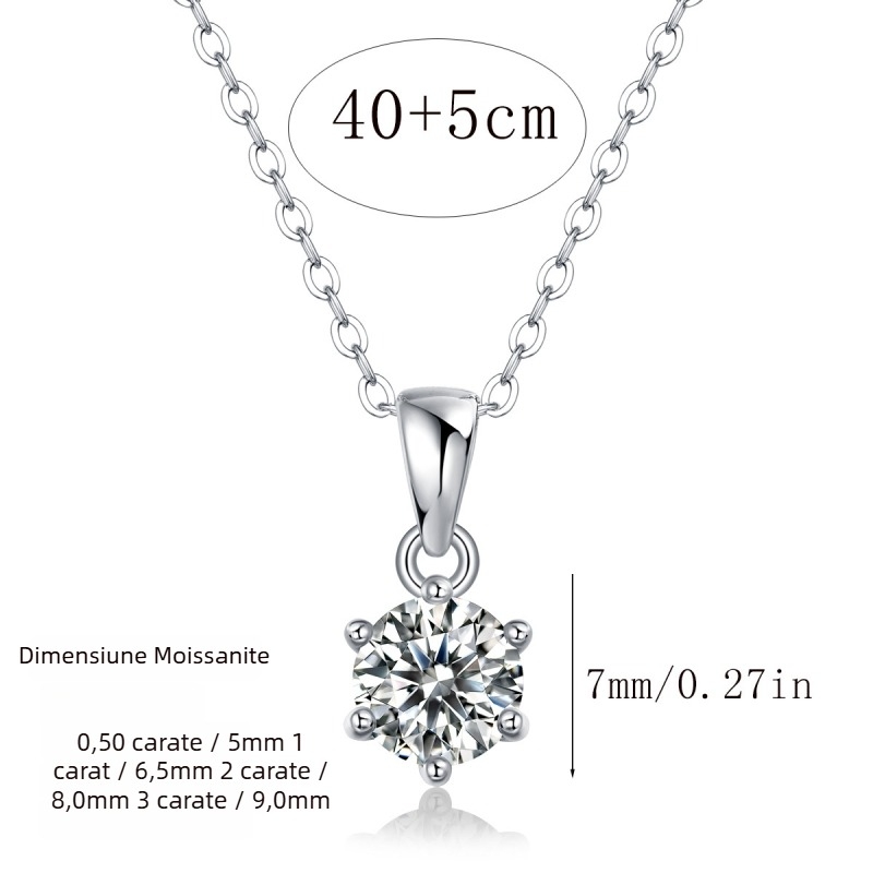 Colier Kuang Feng cu Moissanit — Design geometric, montură cu 6 gheare, Moissanite 5.0/6.5/8.0/9.0 mm, stil coreean