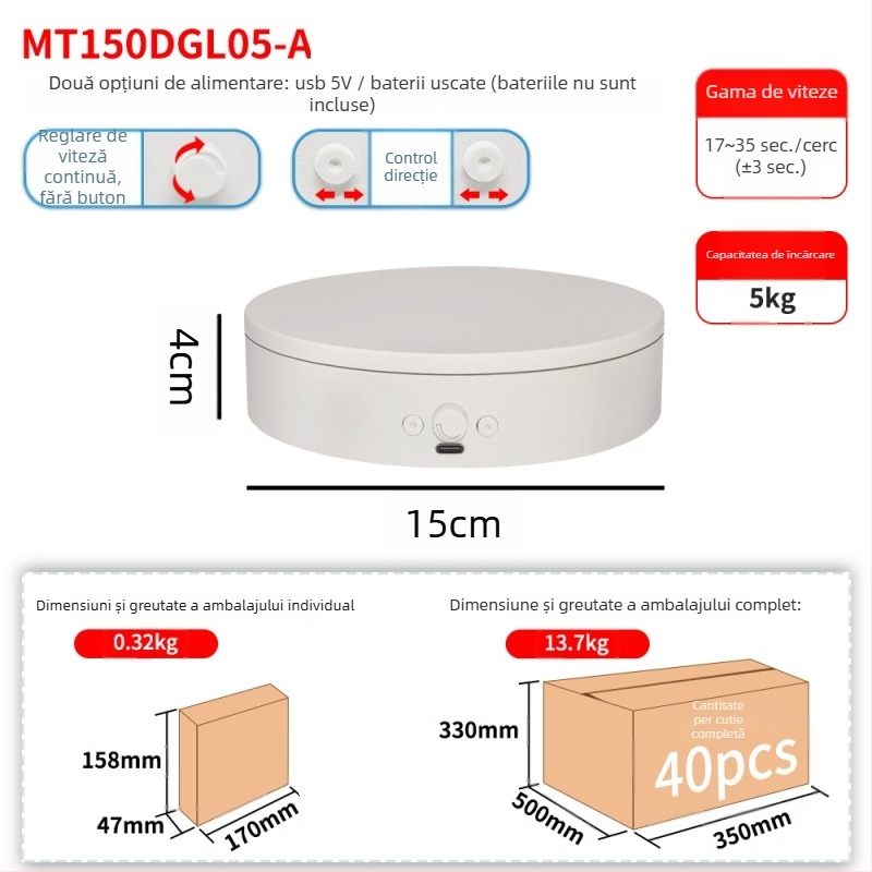 Platformă rotativă electrică pentru fotografie și streaming live, corp ABS, model MTxDGL-DGEL, suportă până la 5 kg