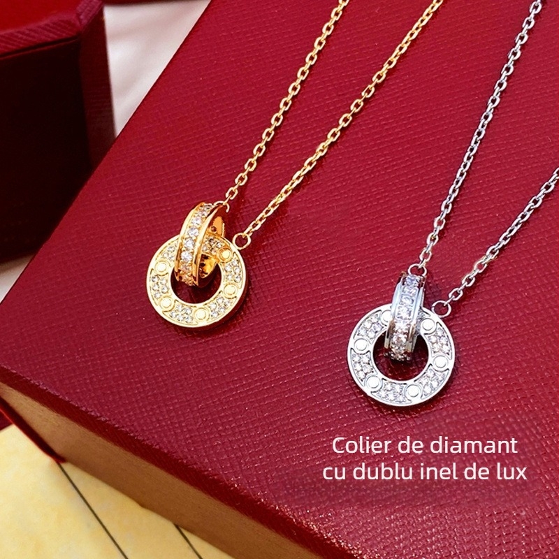 Colier cu inele mari, duble, cercuri interblocante, pandantiv cu două inele, lanț de claviculă, din oțel de titan, electroplacare, greutate 0.35 g