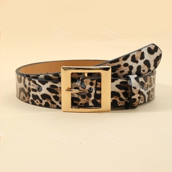 Centură de damă leopard cu cataramă japoneză, PU material, cataramă din aliaj, finisaje electroplating și relief