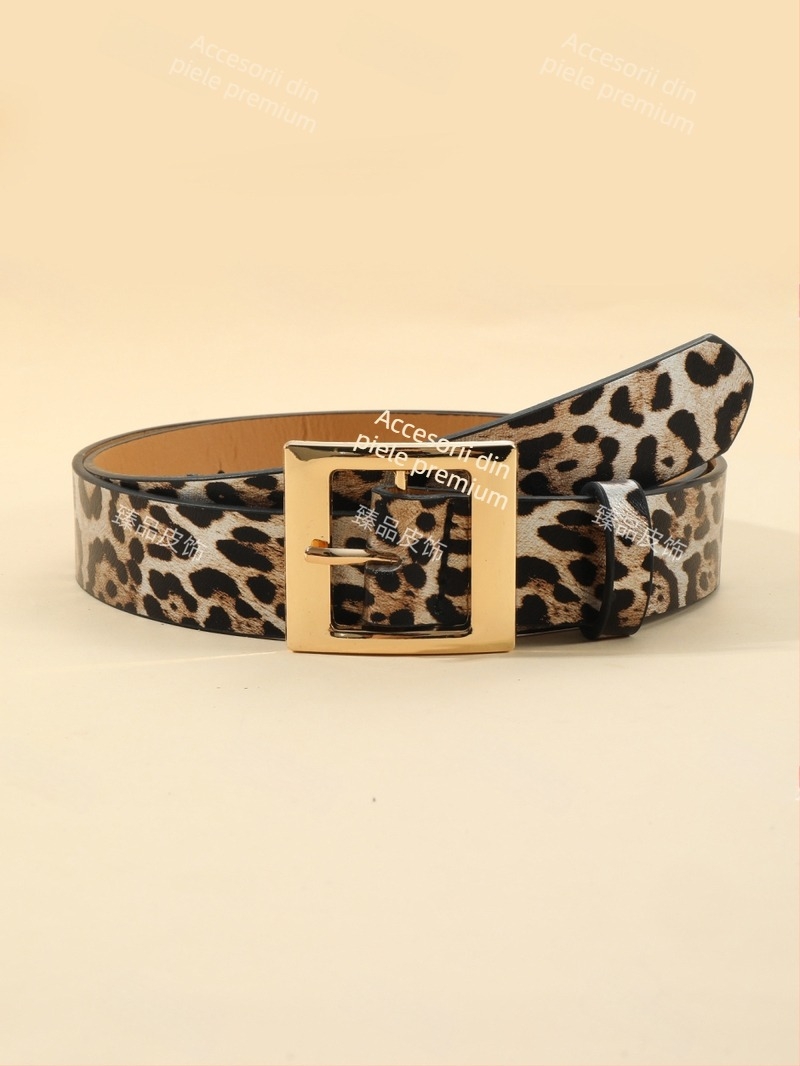 Centură de damă leopard cu cataramă japoneză, PU material, cataramă din aliaj, finisaje electroplating și relief