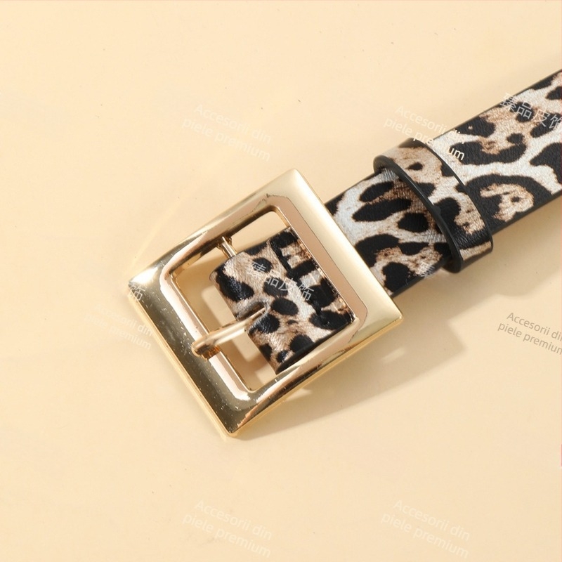 Centură de damă leopard cu cataramă japoneză, PU material, cataramă din aliaj, finisaje electroplating și relief