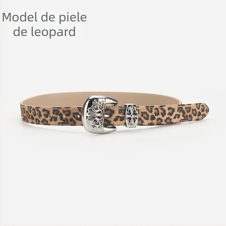 Centură de talie din piele naturală, imprimeu leopard, piele de vițel dublu strat, cataramă din aliaj, închidere cu pin, finisaj electroplatinat