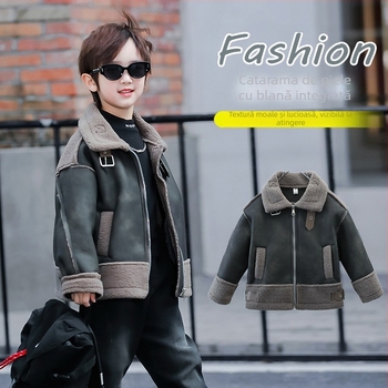 Jachetă pentru copii din piele PU, căptușită cu fleece, închidere cu fermoar