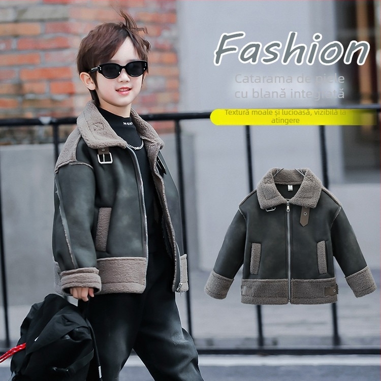 Jachetă pentru copii din piele PU, căptușită cu fleece, închidere cu fermoar