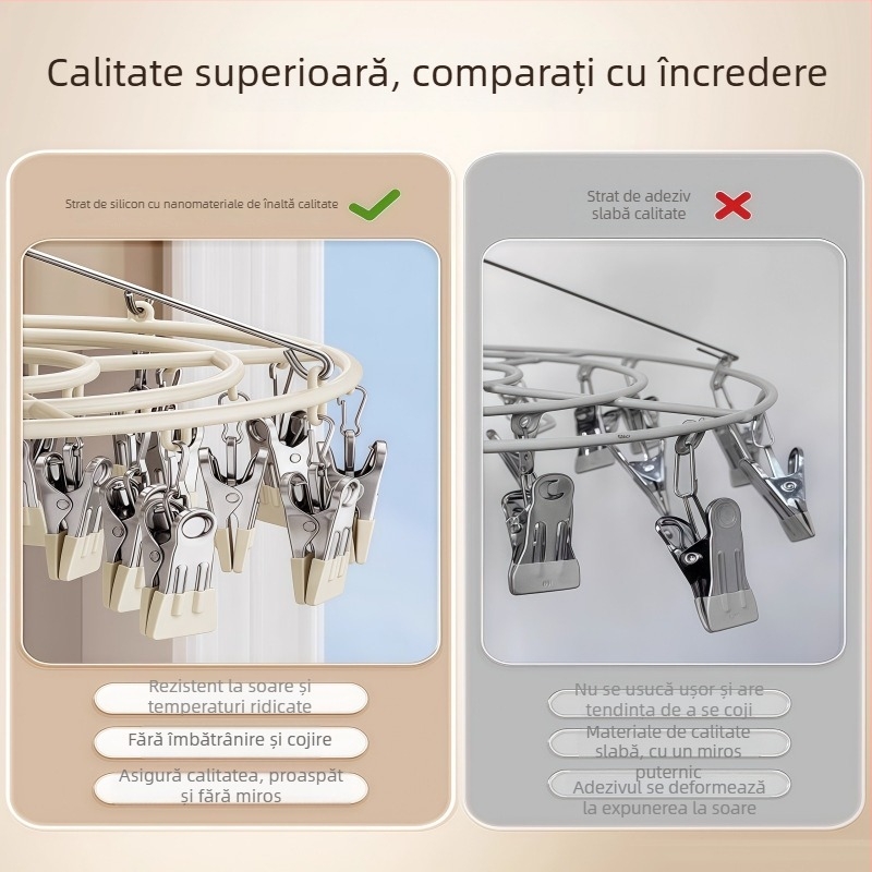 Uscător de haine din oțel inoxidabil cu mai multe clipuri, 23 clipuri, design rotund modern, pentru haine, pantaloni și cravate