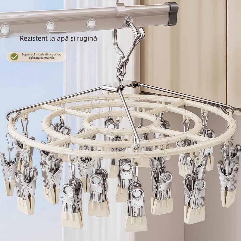 Uscător de haine din oțel inoxidabil cu mai multe clipuri, 23 clipuri, design rotund modern, pentru haine, pantaloni și cravate