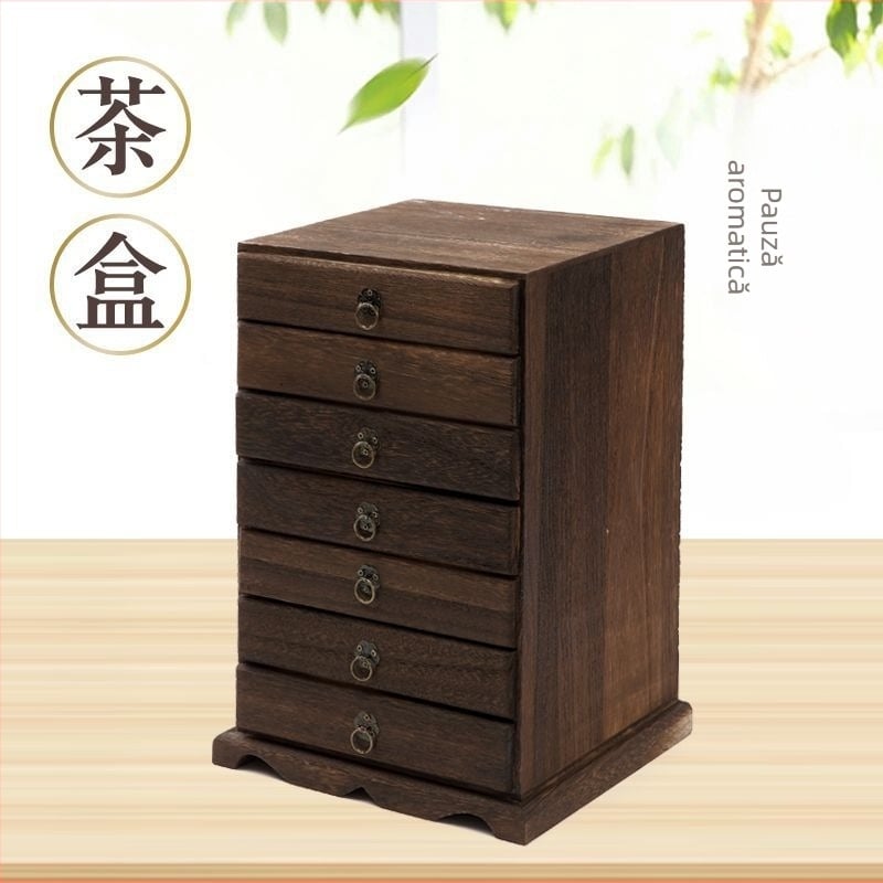 Cutie de depozitare Pu'er ceai, lemn masiv, cu mai multe compartimente pe birou și sertare