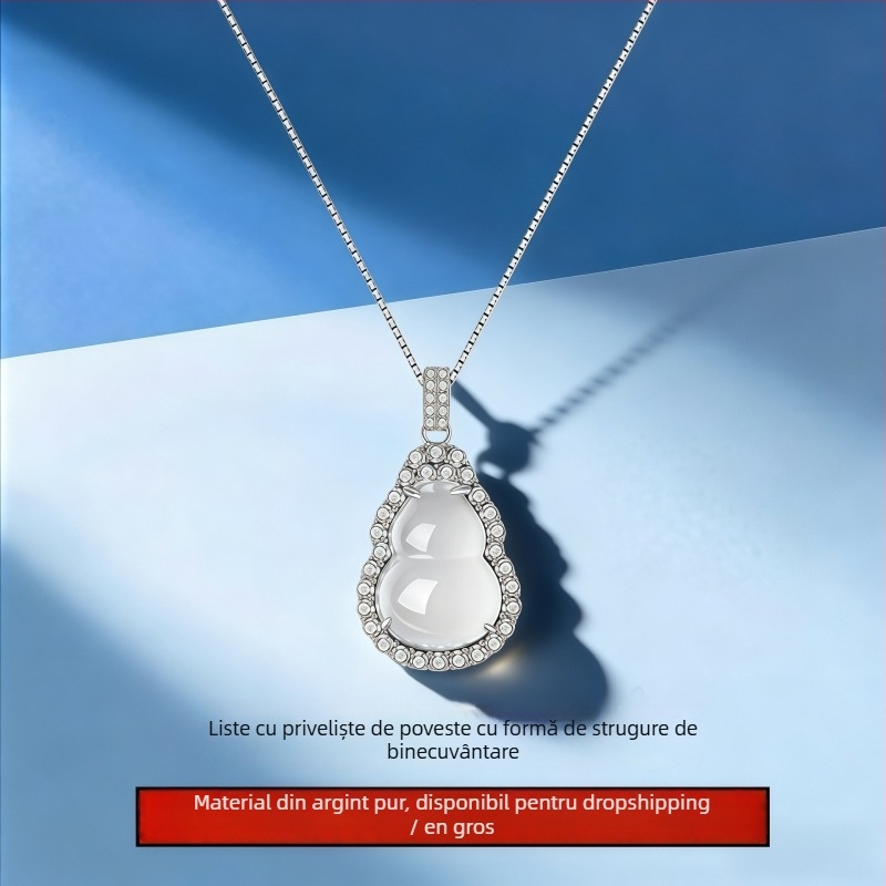 Colier din argint pur 999 Fulu Gourd cu pandantiv Chalcedon, lanț box, stil medieval literar retro