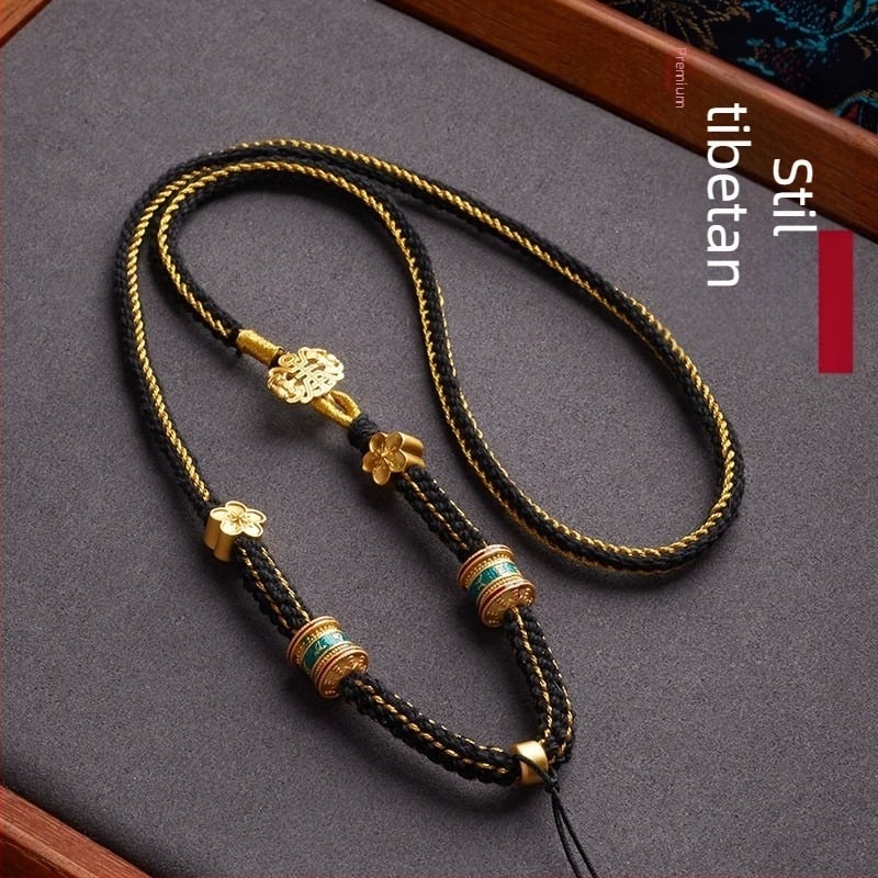 Pandantiv din sfoară cu jad, amulet Buddha, stil etnic, țesătură manuală din bumbac, aliaj de argint 800