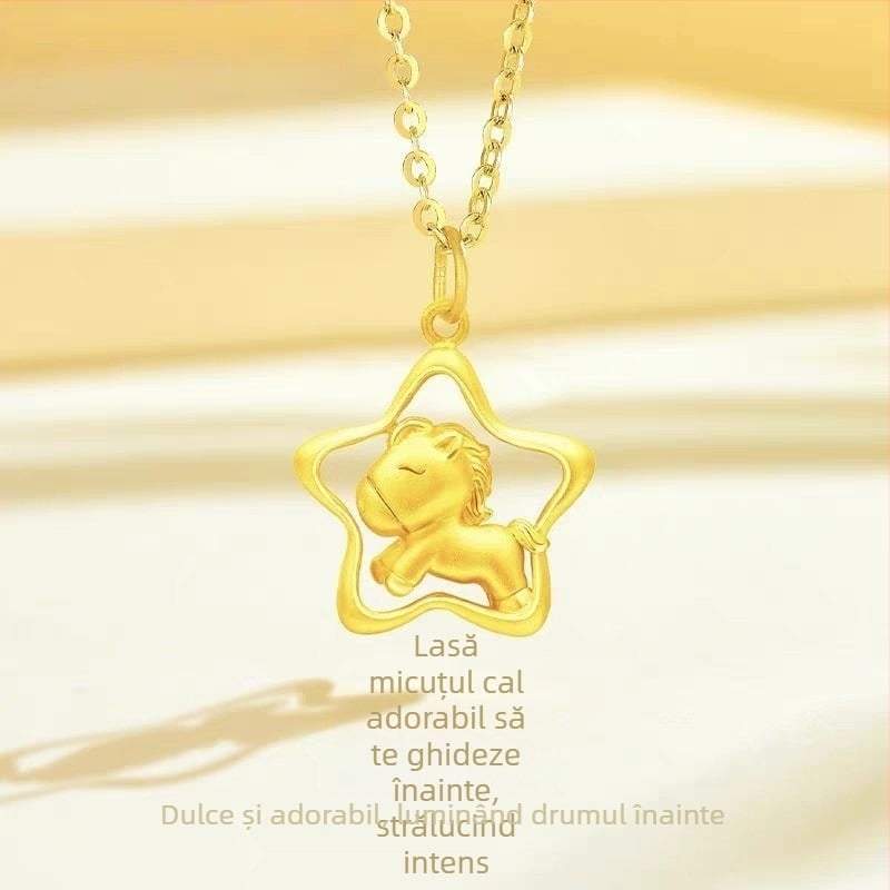 Colier cu pandantiv cal zodiac, argint placat cu aur, execuție precisă, lanț tip O