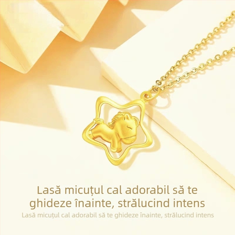 Colier cu pandantiv cal zodiac, argint placat cu aur, execuție precisă, lanț tip O