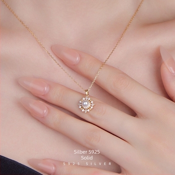 Colier cu pandantiv din perle, design geometric, argint 925, placat cu aur K, stil retro