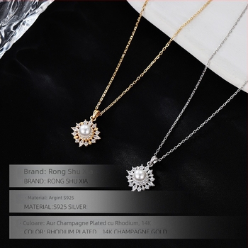 Colier cu pandantiv din perle, design geometric, argint 925, placat cu aur K, stil retro