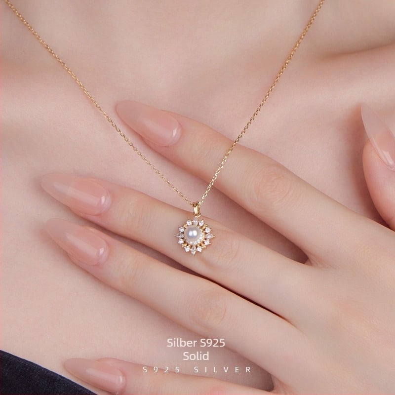 Colier cu pandantiv din perle, design geometric, argint 925, placat cu aur K, stil retro