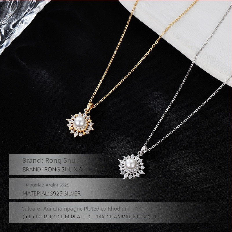 Colier cu pandantiv din perle, design geometric, argint 925, placat cu aur K, stil retro