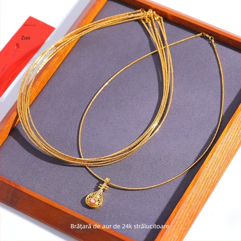 Colier torsadă placat cu aur 24k pentru claviculă cu pandantiv – cupru, iarna 2023, stil elegant, proaspăt și dulce