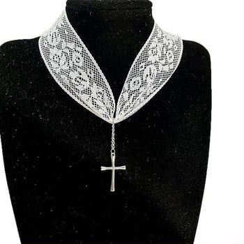 Colier choker cu pandantiv cruce, lanț clavicular cu dantelă, materiale mixte, pandantiv din aliaj, stil dulce‑cool