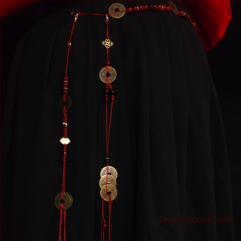 Lanț de talie din aliaj cu ciucuri, accesoriu Hanfu în stil antic, motiv monedă de cupru, închidere tip lobster