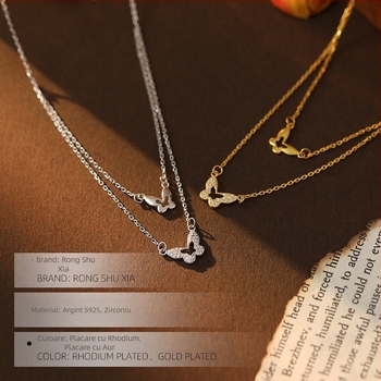 Colier dublu cu fluture, Argint 925, Lanț cu cruce, Greutate 2,3 g