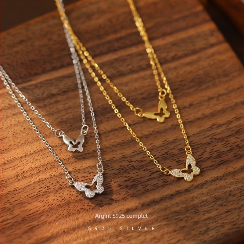 Colier dublu cu fluture, Argint 925, Lanț cu cruce, Greutate 2,3 g