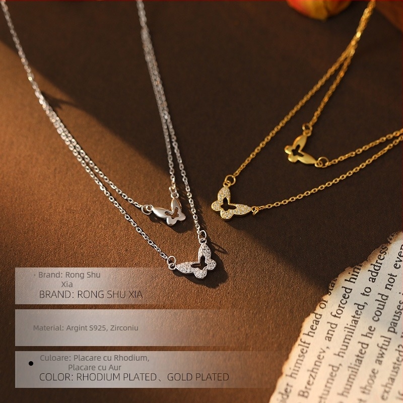 Colier dublu cu fluture, Argint 925, Lanț cu cruce, Greutate 2,3 g