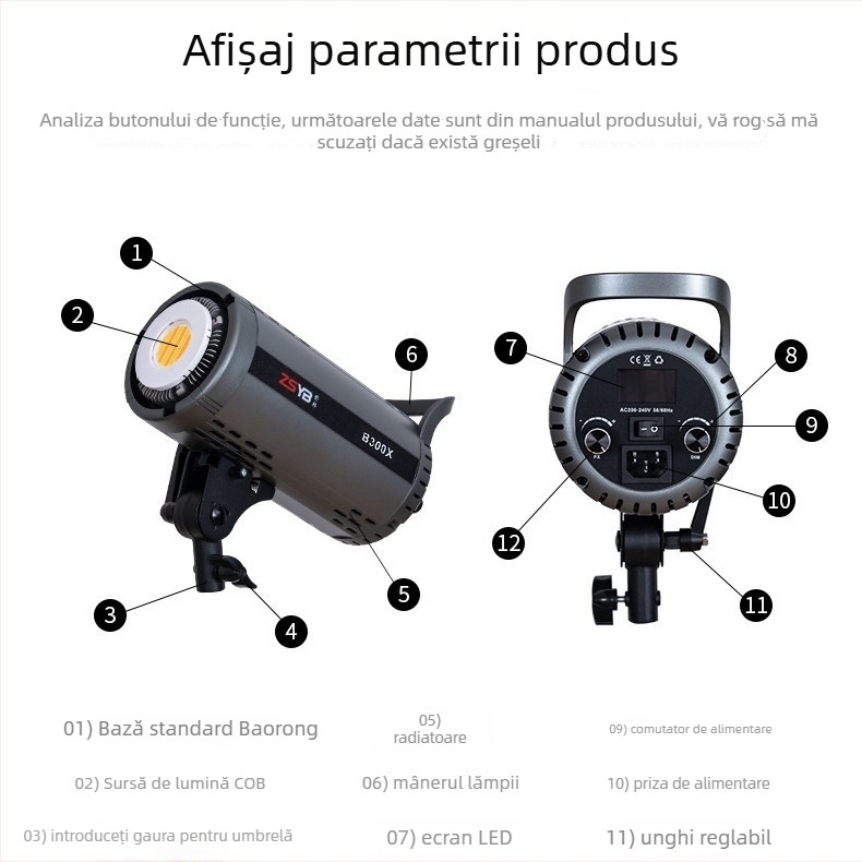 Shadow bang B300x – Lampa foto profesionistă, iluminare cu temperaturi duale, 220W/220V, cap E40, reglaj intensitate, alimentare independentă, ideală ca lumină principală pentru streaming live și video portret