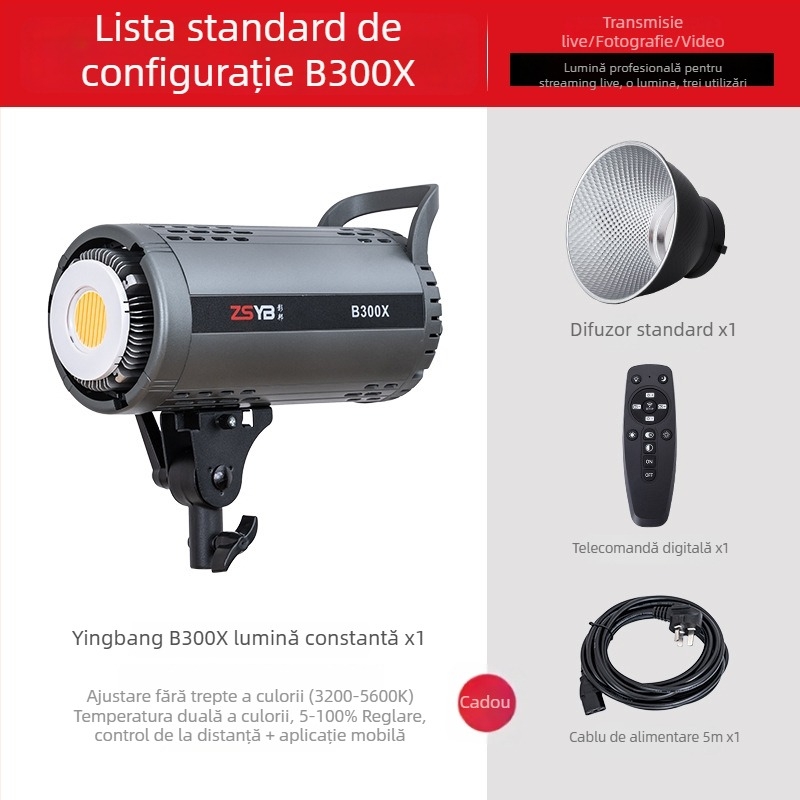 Shadow bang B300x – Lampa foto profesionistă, iluminare cu temperaturi duale, 220W/220V, cap E40, reglaj intensitate, alimentare independentă, ideală ca lumină principală pentru streaming live și video portret