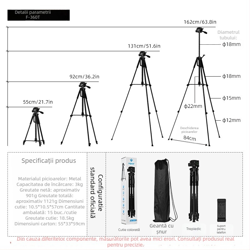 Trepied pentru fotografie și videografie cu gimball tridimensional – construcție metalică, 3 secțiuni, încărcare până la 2 kg
