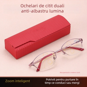 Ochelari de citit progresivi pentru femei – lentile multifocale, anti-lumină albastră, lentile acrilice, ramă metalică semi-cadru, formă rotundă