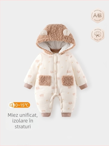 Salopetă bebeluș cu glugă detașabilă - 300 g, bumbac gros, unisex, mâneci lungi