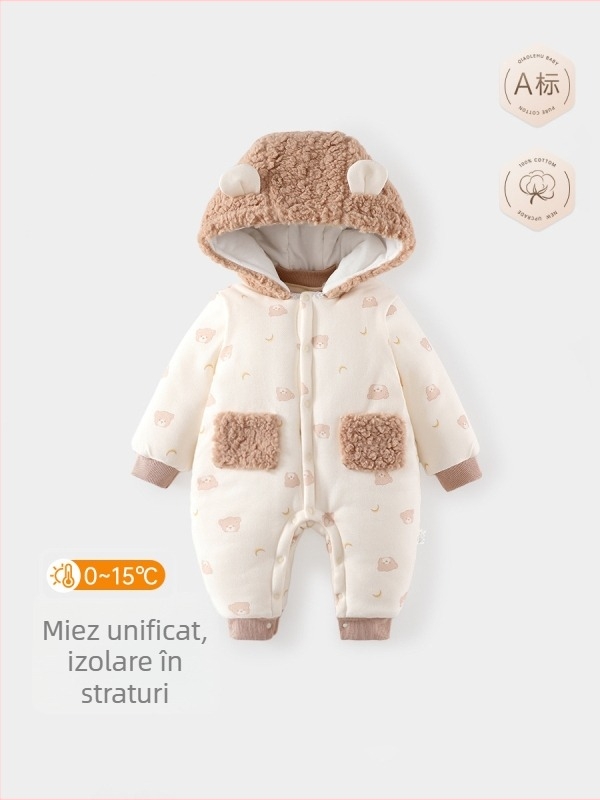 Salopetă bebeluș cu glugă detașabilă - 300 g, bumbac gros, unisex, mâneci lungi