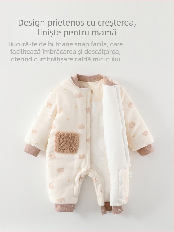 Salopetă bebeluș cu glugă detașabilă - 300 g, bumbac gros, unisex, mâneci lungi