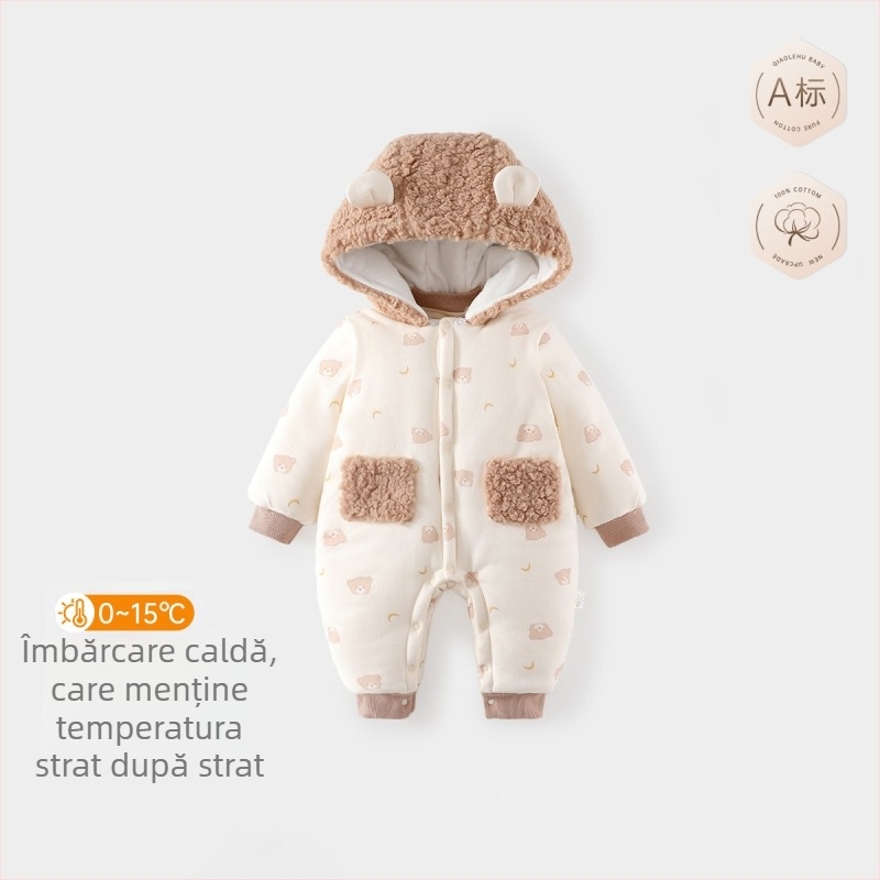 Salopetă bebeluș cu glugă detașabilă - 300 g, bumbac gros, unisex, mâneci lungi