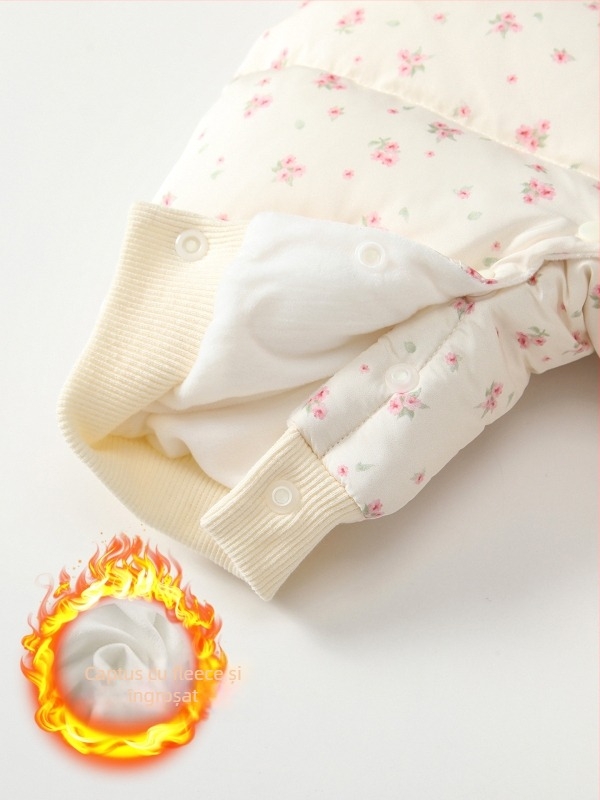 Vlinder salopetă bebe cu fleece din poliester, căptușeală groasă pentru iarnă, fetițe nou-născute, mâneci lungi, glugă, fermoar