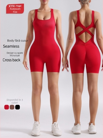 Salopetă yoga fără cusături pentru femei, spate încrucișat, pentru alergare în aer liber, absorbție a umezelii, 90% nylon, 10% spandex, cupe de sân detașabile, vara 2025